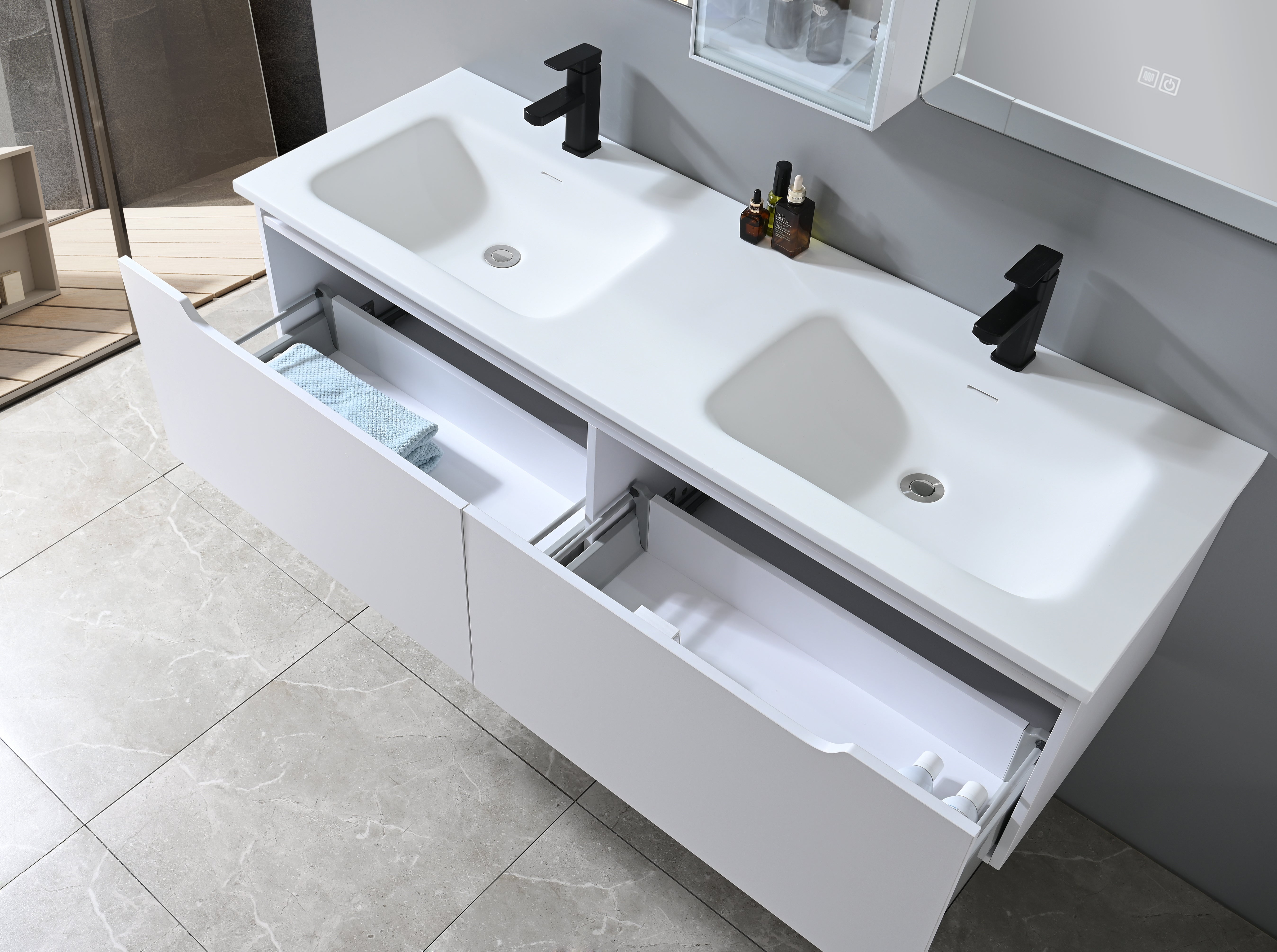 Ensemble Complet Eleganza 60" : Double Lavabo, Vanité, Deux Miroir LED